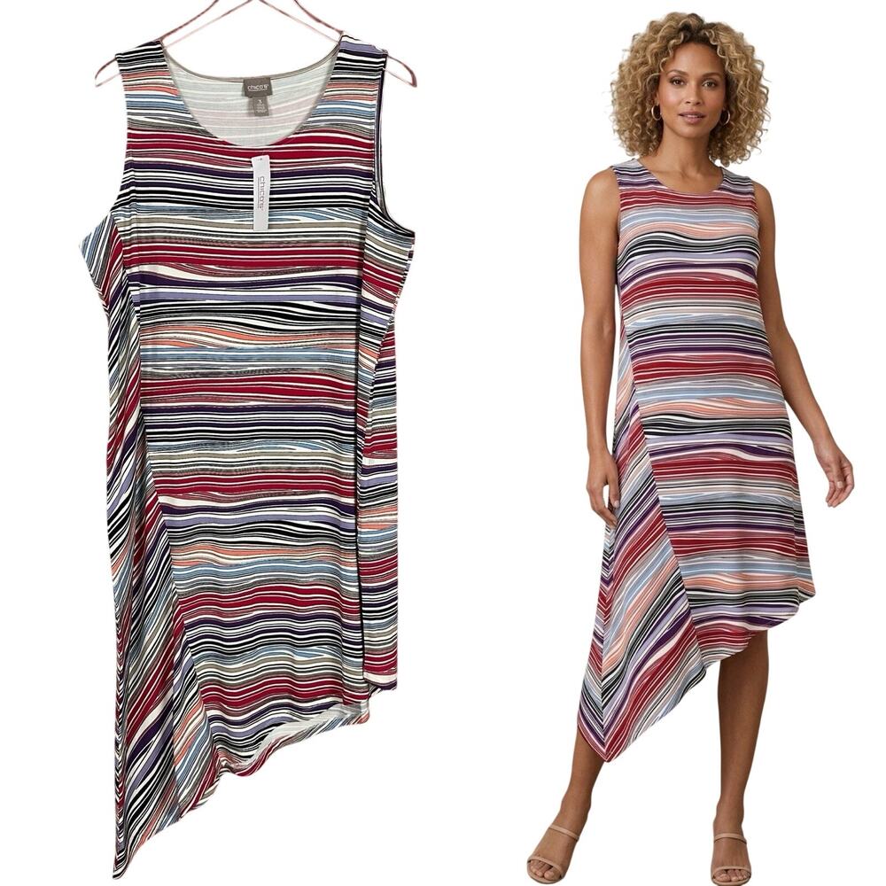 Chico's Mixed Stripe Dress Sleeveless Asymmetrical Hem Size 3 / XL NWT